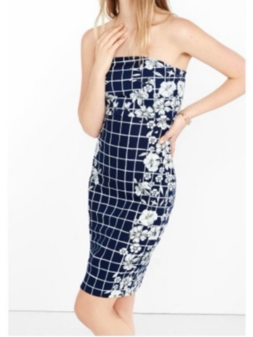 Express Navy and White Strapless Floral Grid Bodycon Dress